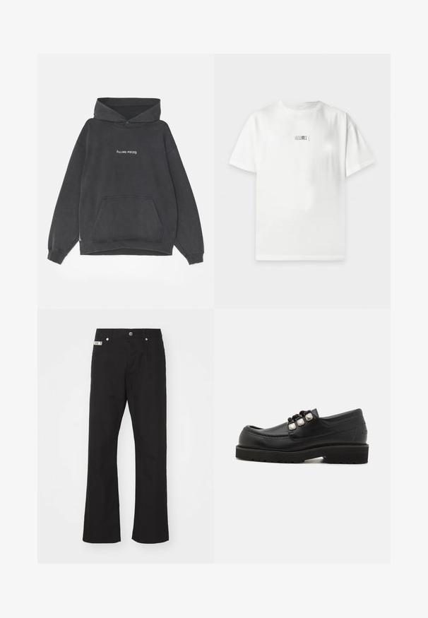 Filling Pieces HANDSHAKE VINTAGE - Kapuzenpullover - black; Weißes kurzärmeliges T-Shirt mit einer kleinen rechteckigen schwarz-weißen Grafik, die mittig auf der Brust platziert ist.; Schwarze Baumwollhose mit geradem Bein, mit einem Frontknopfverschluss, zwei seitlichen Taschen und einem kleinen Markenetikett am Bund.; Schwarze Lederloafers mit rundem Zehenbereich, ausgestattet mit drei metallischen Akzenten und einer strukturierten Sohle für besseren Halt. Glattes Obermaterial und gestickte Details.