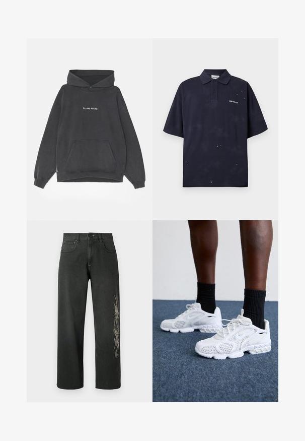 Filling Pieces HANDSHAKE VINTAGE - Kapuzenpullover - black; Schwarzes kurzärmeliges Polohemd mit kleinen weißen Farbspritzern und einem kleinen weißen Carhartt-Logo auf der linken Brust.; Schwarze Denim-Jeans mit weitem Bein und seitlichem grafischem Design in Hellgrau. Klassischer Fünf-Taschen-Stil mit Knopfverschluss und Gürtelschlaufen.; Weiße Sportschuhe mit Mesh-Obermaterial, strukturierten Akzenten und gepolsterter Sohle. Kombieirt mit schwarzen gerippten Knöchelsocken auf einer blauen Teppichoberfläche.