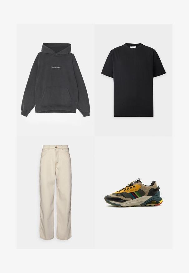 Filling Pieces HANDSHAKE VINTAGE - Kapuutsiga pusa - black; Lihtne must lühikeste varrukatega ümara kaelusega T-särk, mis on laotatud helehallile taustale, krae sees väike valge silt.; Fiorucci CARPENTER - Sirgete säärtega teksad - white; Mitmevärvilised spordijalatsid, mis koosnevad nahast ja võrkmaterjalist, kollase ja musta värviskeemiga, tekstuursete tallade ja külgaktsentidega.