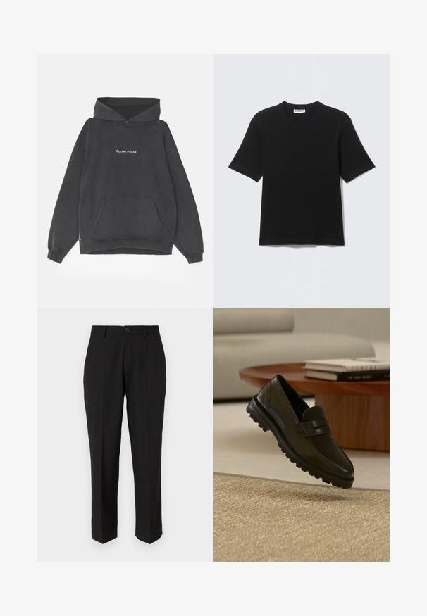 Filling Pieces HANDSHAKE VINTAGE - Hættetrøje - black; Sort kortærmet T-shirt med rund hals og "WEEKDAY" mærke på indersiden af kraven, vist fladt på en lys baggrund.; Sorte bukser lavet af glat stof, med lige ben design, forlommer, en enkelt knaplukning, og uden synlige mønstre.; Sort læderloafer med kraftig slidstærk sål, der svæver over et tekstureret beige tæppe, et rundt træ-sofabord og stablede bøger i baggrunden.