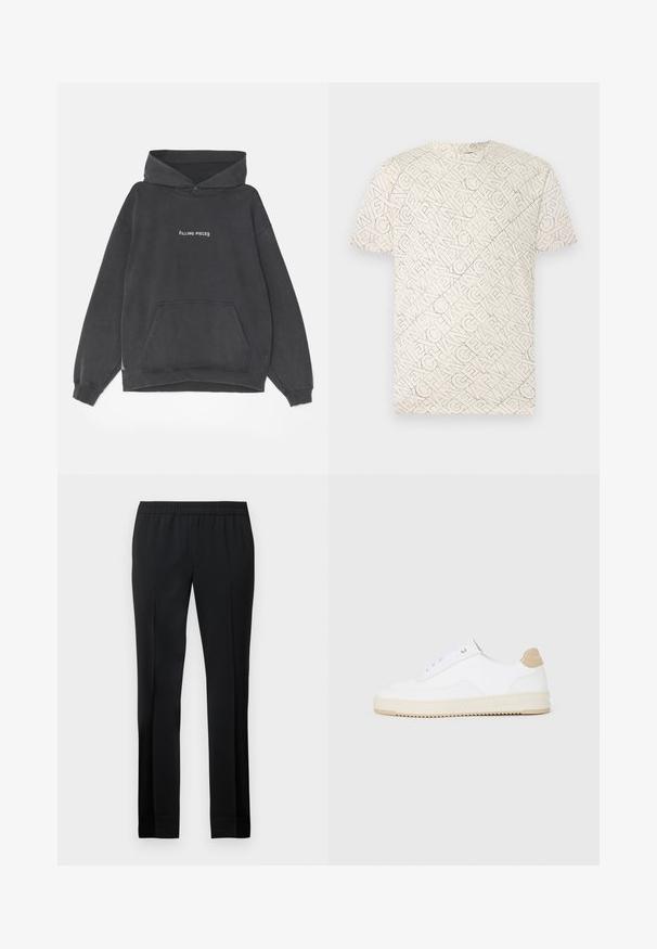 Filling Pieces HANDSHAKE VINTAGE - Hoodie - black; Beige T-shirt met korte mouwen en een all-over diagonaal patroon van herhaalde "EXCHANGE ARMANYGEAR" tekst in dunne zwarte lijnen.; Zwarte broek met een elastische tailleband, rechte pijpen en een zachte textuur. Heeft strakke lijnen en geen zichtbare zakken of versieringen.; Witte lage sneakers van textuurleer met een romige, ribbelige zool en een tankleurige hakaccent. Voorzien van witte veters en logodetail op de hak.