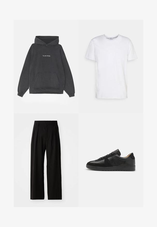 Filling Pieces HANDSHAKE VINTAGE - Kapuzenpullover - black; Weißes T-Shirt mit kurzen Ärmeln aus Baumwolle. Es hat einen runden Halsausschnitt und eine lockere Passform ohne sichtbare Muster oder Akzente.; Schwarze weit geschnittene Hose mit glatter Textur, zwei vorderen Falten, einem Knopfverschluss und seitlichen Taschen. Strapazierfähiger Stoff.; Tiger of Sweden BELLICU - Sneaker low - black