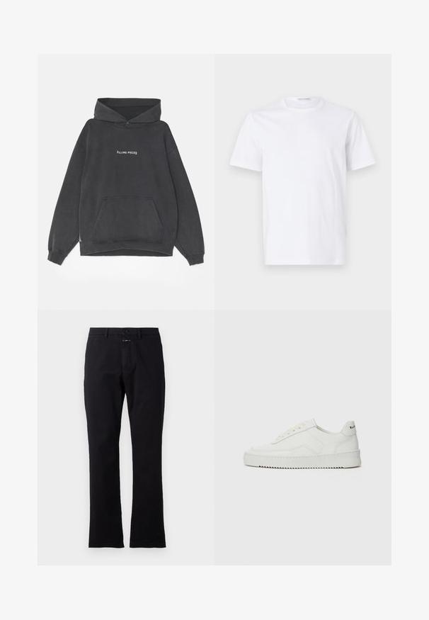 Filling Pieces HANDSHAKE VINTAGE - Hættetrøje - black; Hvid bomulds t-shirt med rund halsudskæring og korte ærmer. Glat tekstur, lige snit og minimalistisk design uden mønstre eller accenter.; Sorte bomuldsbukser med lige ben, forreste knaplukning og to sidelommer; glat tekstur uden synlige mønstre.; Hvide lædersneakers med en glat overflade, rund tå, flade snørebånd og en tekstureret sål. Har et diskret logo på hælen.