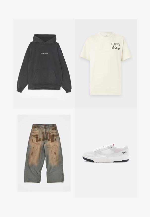 Filling Pieces HANDSHAKE VINTAGE - Kapuzenpullover - black; Cremefarbenes Nike-T-Shirt mit kurzen Ärmeln, auf der linken Brust mit dem Schriftzug "Nature in Motion" und drei Globus-Grafiken versehen.; Hellblaue Denim-Hose mit großen "LUN"-Buchstaben, die eine abgenutzte Textur und braune Flecken an der Vorderseite aufweist, locker geschnitten und mit ausgefransten Säumen.; Hellgraue Sneaker mit einem Obermaterial aus Wildleder, Mesh-Elementen, weißen Schnürsenkeln, einer schwarzen Gummisohle und dezentem Branding in der Nähe der Ferse.