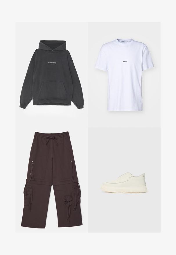 Filling Pieces HANDSHAKE VINTAGE - Kapuutsiga pusa - black; Valge puuvillane T-särk ümmarguse kaelusega, lühikeste varrukatega ja väikese musta "MSGM" logoga trükituna ees. Sile tekstuur.; Pruunid dressipüksid elastse vöökoht ja reguleeritav pael, kaks külgmist lukuga taskut ning cargo-stiilis aktsendid paeltega.; Eemaldatavad spordijalatsid valgel tekstureeritud materjalil, millel on paks sooneline tald. Omavad minimaalseid õmblusi ja peent hele sinist aktsenti.