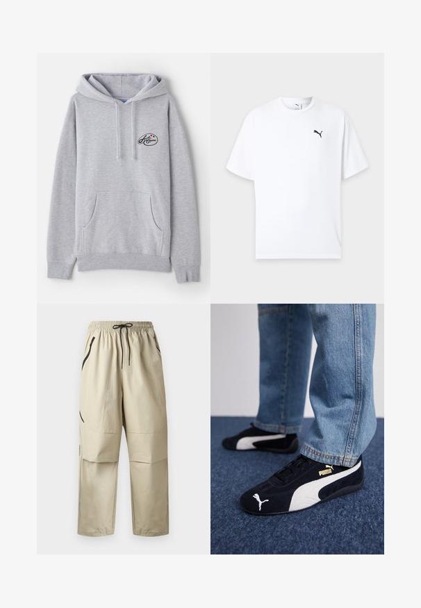 Lichtgrijze hoodie van een katoenmix. Beschikt over een kangoeroezak, trekkoorden en een klein logo met kleurrijke accenten op de borst.; Witte T-shirt met korte mouwen en ronde hals met een klein zwart Puma-logo op de linkerborst tegen een lichte achtergrond.; Beige lichte broek met elastische tailleband, zwarte trekkoorden en ritszakken aan de zijkant, voorkant zichtbaar tegen een effen achtergrond.; Zwarte suède sneakers met witte accenten, voorzien van een gouden logo. Gemaakt met lichtblauwe spijkerbroek en geplaatst op een textuur blauwe ondergrond.
