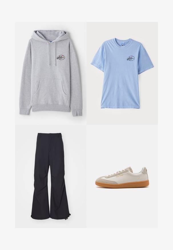 Lys grå hoodie lavet af en blanding af bomuld. Har en kengurulomme, snore samt et lille logo med farverige accenter på brystet.; Lyseblå T-shirt med korte ærmer lavet af bomuld, der har et lille sort logo med farverige prikker på venstre brystområde. Klassisk crew neck-design.; Marineblå, brede bukser lavet af glat stof, med to forlommer og snoretræk ved kanten. Renset, skræddersyet design uden udsmykning.; Hvide og beige lavtoppede sneakers med gummisål, hvide snørebånd, detaljer i ruskind og guld "Paul Smith" logo på siden.