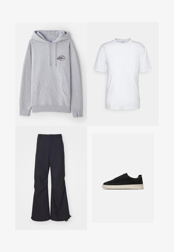 Lichtgrijze hoodie van een katoenmix. Beschikt over een kangoeroezak, trekkoorden en een klein logo met kleurrijke accenten op de borst.; Witte katoenen t-shirt met een ronde hals, korte mouwen en een rechte zoom. Heeft een klein merktag aan de linkerkant van de zijnaad.; Marineblauwe wide-leg broek van een gladde stof, met twee voorzakken en een verstelbare trekkoord aan de zoom. Schoon en op maat gemaakt ontwerp zonder versieringen.; Zwarte suède lage sneaker met zwarte veters en witte rubberen zool, zijaanzicht op een effen lichtgrijze achtergrond.