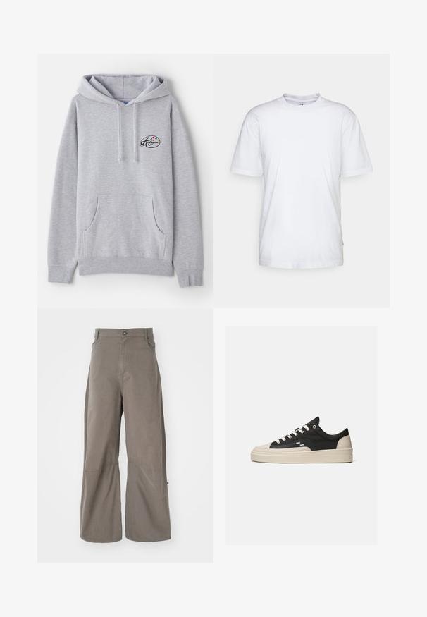 Hoodie gris clair en mélange de coton. Doté d'une poche kangourou, de cordons de serrage et d'un petit logo avec des accents colorés sur la poitrine.; T-shirt en coton blanc avec un col rond, des manches courtes et un ourlet droit. Présente une petite étiquette de marque sur la couture latérale gauche.; Henrik Vibskov DART PANTS - Jean boyfriend - walnut; Baskets basses noires et beige avec lacets blancs, dessus texturé et semelle épaisse beige, montrées de côté extérieur sur un fond uni.