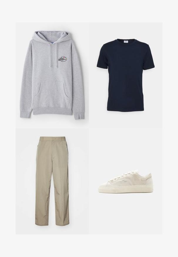 Lys grå hoodie lavet af en blanding af bomuld. Har en kengurulomme, snore samt et lille logo med farverige accenter på brystet.; Marineblå crew-neck t-shirt lavet af blødt stof. Korte ærmer med en klassisk pasform, der har et mærke ved halsen. Glat tekstur, minimalistisk design.; Beige letvægtsbukser med en afslappet pasform, der har en elastisk talje og sidelommer. Stoffet ser tekstureret og let krøllet ud.; Hvid lavtop sneaker med snørelukning, tekstureret stofoverdel og tyk gummisål vist fra ydersiden på en ensfarvet baggrund.