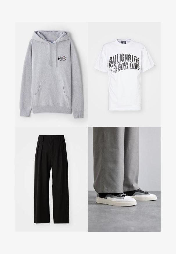 Hoodie gris clair en mélange de coton. Doté d'une poche kangourou, de cordons de serrage et d'un petit logo avec des accents colorés sur la poitrine.; T-shirt en coton blanc avec le texte "Billionaire Boys Club" en grande police noire, accompagné d'un graphique d'astronaute à gauche. Manches courtes.; Pantalons larges noirs avec une texture lisse, dotés de deux plis avant, d'une fermeture à bouton et de poches latérales. Tissu durable.; Filling Pieces RIVIERA - Baskets basses - grey