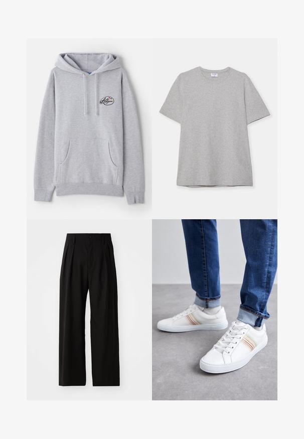 Hoodie gris clair en mélange de coton. Doté d'une poche kangourou, de cordons de serrage et d'un petit logo avec des accents colorés sur la poitrine.; T-shirt gris à manches courtes fabriqué en tissu doux et texturé. Présente un col rond classique et un ourlet droit, idéal pour une tenue décontractée.; Pantalons larges noirs avec une texture lisse, dotés de deux plis avant, d'une fermeture à bouton et de poches latérales. Tissu durable.; Baskets en cuir blanc avec des rayures multicolores, design à lacets, semelle en caoutchouc et col rembourré, associées à un jean en denim bleu.