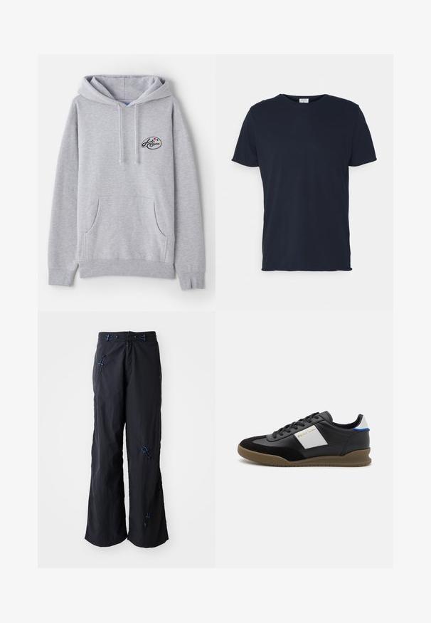 Lys grå hoodie lavet af en blanding af bomuld. Har en kengurulomme, snore samt et lille logo med farverige accenter på brystet.; Marineblå bomulds t-shirt med rund hals og korte ærmer, med en glat tekstur og enkel design, uden synlige mønstre eller accenter.; Sorte, lette bukser med vidde og struktureret overflade. Har blå detaljer og justerbare toggles. Lynlåslukning.; Sorte læder- og ruskinds sneakers med en grå panel, brun gummisål og blå detaljer på hælen. Har snørebånd og præget logo.