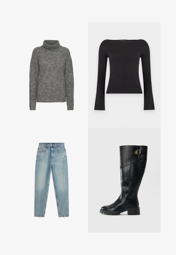 Grå turtleneck sweater lavet af blødt strikmateriale, med en afslappet pasform og lange ærmer med en subtil tekstur hele vejen igennem.; Sort tætsiddende top med lange ærmer, bådudskæring, let flared ærmer og et lille mærke med mærkenavn indeni på bagsiden af kraven.; Lyseblå mom-jeans med høj talje, forlommer, bæltestropper, knap, lynlås og diskret falming på lår og knæ.; Sort læderstøvle til knæet med kraftig sål og guldspænde detalje nær toppen, vist i sideprofil på ensfarvet baggrund.