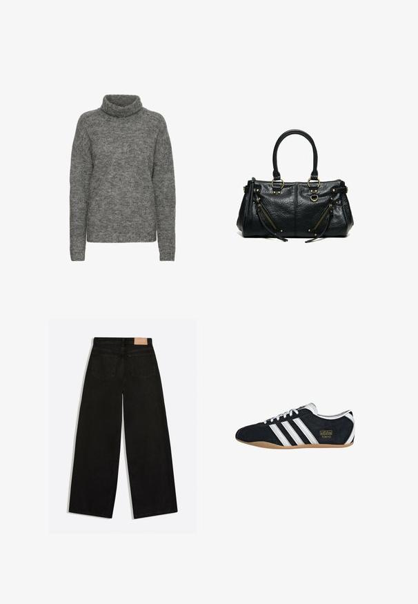 Grå turtleneck sweater lavet af blødt strikmateriale, med en afslappet pasform og lange ærmer med en subtil tekstur hele vejen igennem.; Sorte vidde jeans set bagfra med to baglommer og en brun lædermærke på linningen.; Sort ruskinds sneaker med hvide tre striber, guldlogo og en brun gummisål. Har et lavprofil snørebåndsdesign.; Sort læderhåndtaske med to håndtag, to skrå lynlåslommer med frynser samt guldfarvede metalringe og nitter.