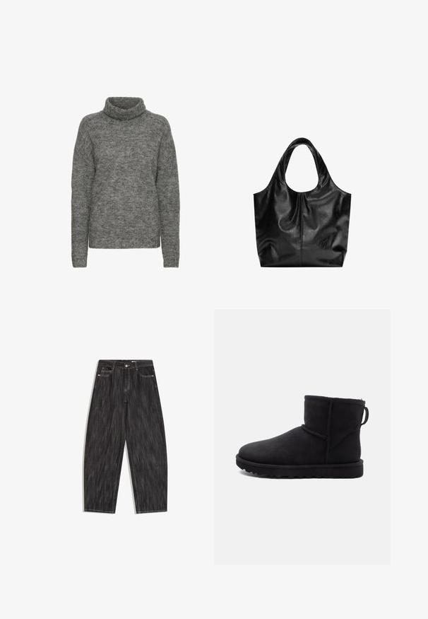 Grå turtleneck sweater lavet af blødt strikmateriale, med en afslappet pasform og lange ærmer med en subtil tekstur hele vejen igennem.; Sort denimjeans med vidde ben, fem-lomme design, synlige hvide syninger og knaplukning i taljen.; Sort ruskinds ankelstøvle med rund tå, et shearling-fôr og en flad gummisål. Har en sidesøm og en trækflap bagpå.; Sort læder tote taske med en glat overflade, en blød, afrundet top og brede håndtag. Har minimal syning og en afslappet silhuet.