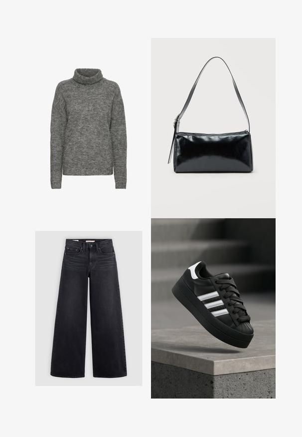 Grå turtleneck sweater lavet af blødt strikmateriale, med en afslappet pasform og lange ærmer med en subtil tekstur hele vejen igennem.; Bredbenede sorte jeans lavet af denim, med høj talje, fem lomme-design og subtilt slid langs forsiden.; Sort sneaker med hvide striber og snører, placeret i luften over en grå betonkant mod en sløret baggrund.; Sort rektangulær skuldertaske med en enkelt justerbar rem og lynlås i toppen på en ensfarvet baggrund.