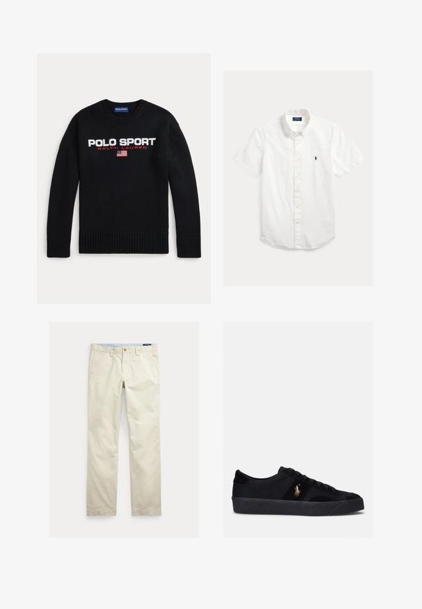 Sort crewneck-trøje med teksten "POLO SPORT RALPH LAUREN" og et lille amerikansk flag broderet på brystet.; Hvid kortærmet skjorte med knapper, lavet af let stof. Har en spids krave og lille broderet logo på brystet.; Beige bomuld straight-leg bukser med bæltestropper, forreste knap, lynlås og sidelommer.; Sorte sneakers med overdel i stof og ruskind, rund tå, flad gummisål og broderet logo på siden. Snørebåndsdesign med seks snørehuller.