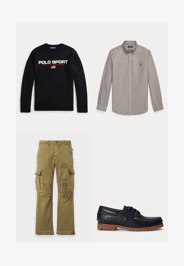 Pull noir à col rond avec le texte "POLO SPORT RALPH LAUREN" et un petit drapeau américain brodé sur la poitrine.; Chemise gris clair à manches longues, boutonnée, avec col et logo brodé bleu Polo Ralph Lauren sur la poitrine gauche.; Pantalons cargo verts olive avec plusieurs poches, arborant un patch à motifs sur la jambe droite et des coutures renforcées. Coupe décontractée et texture du tissu.; Chaussure bateau en cuir bleu marine avec semelle en caoutchouc marron, couture blanche, lacets et petite étiquette Polo verte sur le côté.