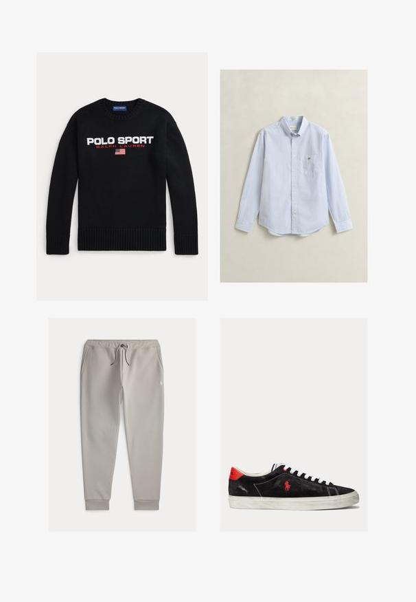 Sort crewneck-trøje med teksten "POLO SPORT RALPH LAUREN" og et lille amerikansk flag broderet på brystet.; Lyseblå langærmet skjorte med knapper, lille ternet mønster og brystlomme på ensfarvet baggrund.; Grå sweatpants lavet af blødt stof, med snoretræk i taljen, sidelommer og ribbede manchetter. Inkluderer et lille logo på låret.; Sorte ruskind sneakers med hvide snørebånd, røde accenter på hælen og et lille rødt logo. Har en flad gummisål og enkel syning.
