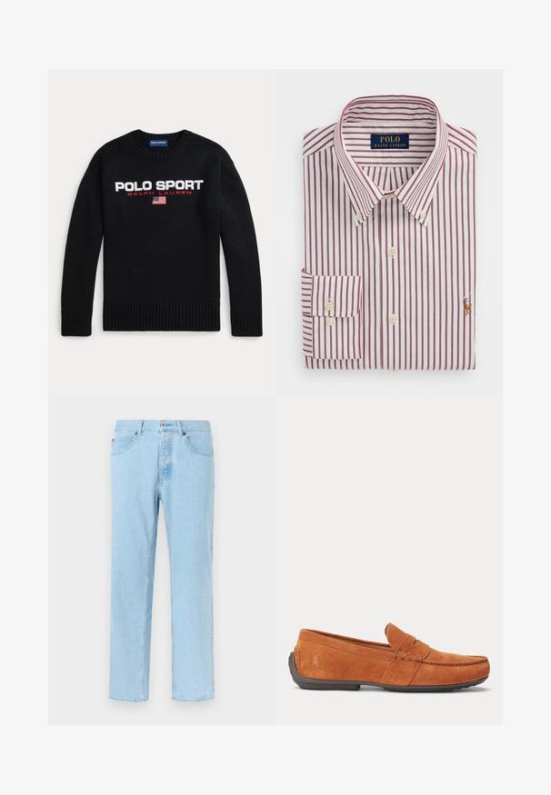 Čierny pulóver s okrúhlym výstrihom s textom "POLO SPORT RALPH LAUREN" a malou vyšitou americkou vlajkou na hrudi.; Zložená biela košeľa s vertikálnymi červenými pásmi, gombíkový golier a vyšívané logo Polo Ralph Lauren na hrudi.; Svetlomodré rifle s rovnými nohavicami, predným zapínaním na gombíky a zips, prednými vreckami a pútkami na opasok, zobrazené na jednoduchom pozadí.; Hnedé pánske semišové mokasíny s detailmi prešívania, otvorom na mincu na vrchu a tmavou gumovou podrážkou.