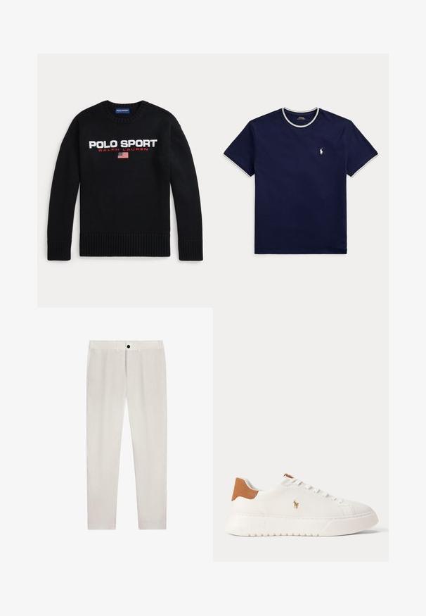 Sort crewneck-trøje med teksten "POLO SPORT RALPH LAUREN" og et lille amerikansk flag broderet på brystet.; Marineblå t-shirt med korte ærmer og rund hals med hvid kant på kraven og ærmerne, med lille hvid Polo Ralph Lauren-logo på venstre bryst.; Cremefarvede bukser med lige ben, bæltestropper, frontknap og lynlås, lagt fladt på en hvid baggrund.; Hvid lavtop sneaker med tan hælfane, hvide snørebånd og lille broderet polo-spiller logo på siden over en tyk sål.