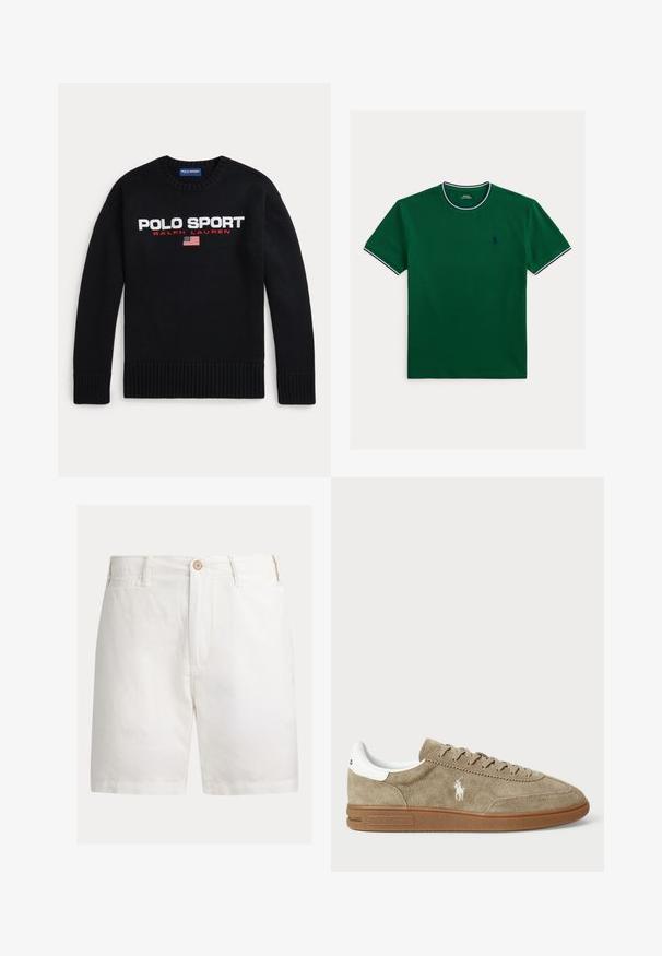 Čierny pulóver s okrúhlym výstrihom s textom "POLO SPORT RALPH LAUREN" a malou vyšitou americkou vlajkou na hrudi.; Tmavozelené tričko s krátkym rukávom a okrúhlym výstrihom, s námorníckomodrým a bielym lemovaním na golieri a rukávoch a malým námorníckomodrým vyšívaným logom na hrudi.; Biele bavlnené šortky so strihom na rovno, s jedným gombíkom na zapínanie, pútkami na opasok a bočnými vreckami. Hladká textúra, minimalistický dizajn.; Semišové tenisky v béžovej farbe s bielymi detailmi, s okrúhlou špičkou a viazaním. Obsahujú embosované logo a gumovú podrážku pre lepšiu trakciu.