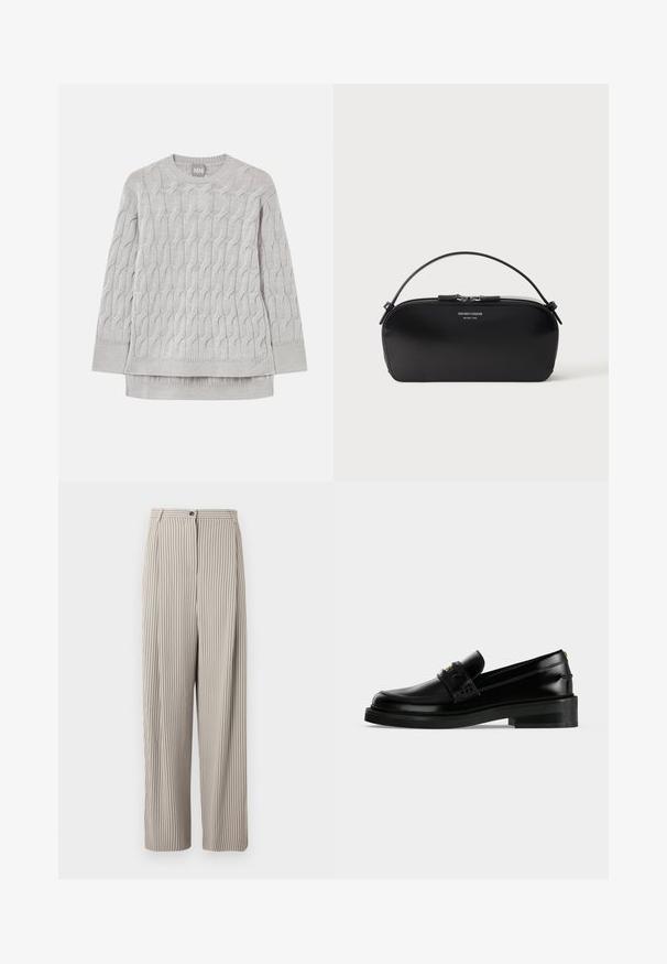 Suéter de punto trenzado gris claro con mangas largas, cuello redondo y puños y dobladillo acanalados, dispuesto en plano sobre un fondo blanco.; Pantalones a rayas beige con cintura alta, pierna ancha y cierre de un solo botón. Las rayas verticales añaden textura a la tela.; Mocasín de cuero negro pulido con tacón bajo de bloque, costura moc toe y una correa decorativa en la parte superior.; Bolso pulsera de cuero negro con cremallera plateada y asa corta, logo Emporio Armani Milano 1981 en relieve en el frente.