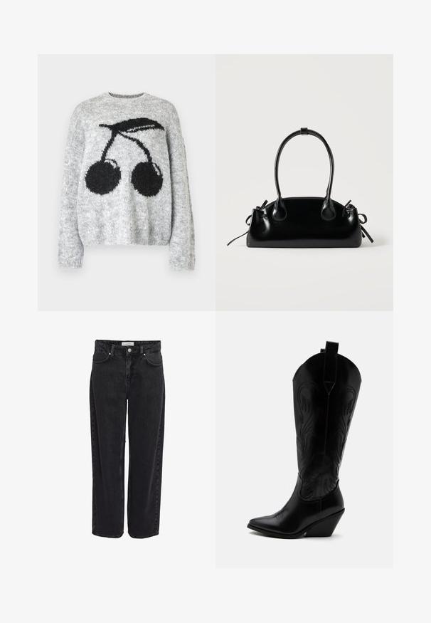 Noisy May NMSUTTON CHERRY - Jersey de punto - light grey melange; Jeans de mezclilla negra de pierna ancha con cintura alta, diseño de cinco bolsillos y cierre de cremallera. Textura suave con detalles mínimos de costuras visibles.; Bota de vaquero de cuero negro con punta puntiaguda, tacón bloqueado inclinado, costuras decorativas y lengüetas en la parte superior sobre fondo blanco.; Pequeño bolso negro brillante con dos asas largas y detalles de cordón lateral sobre un fondo claro liso.