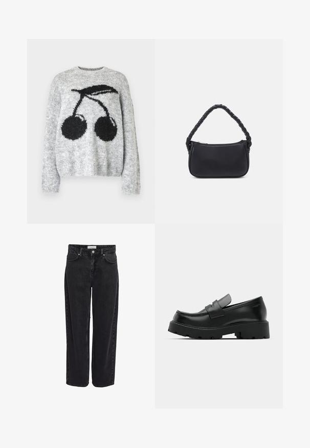 Noisy May NMSUTTON CHERRY - Jersey de punto - light grey melange; Jeans de mezclilla negra de pierna ancha con cintura alta, diseño de cinco bolsillos y cierre de cremallera. Textura suave con detalles mínimos de costuras visibles.; Mocasines de cuero negro con suela gruesa y texturizada, que presentan una correa sobre el empeine y un acabado suave y pulido.; Bolso negro de forma redondeada, hecho de material liso. Presenta un asa trenzada y un cierre de cremallera para un almacenamiento seguro.