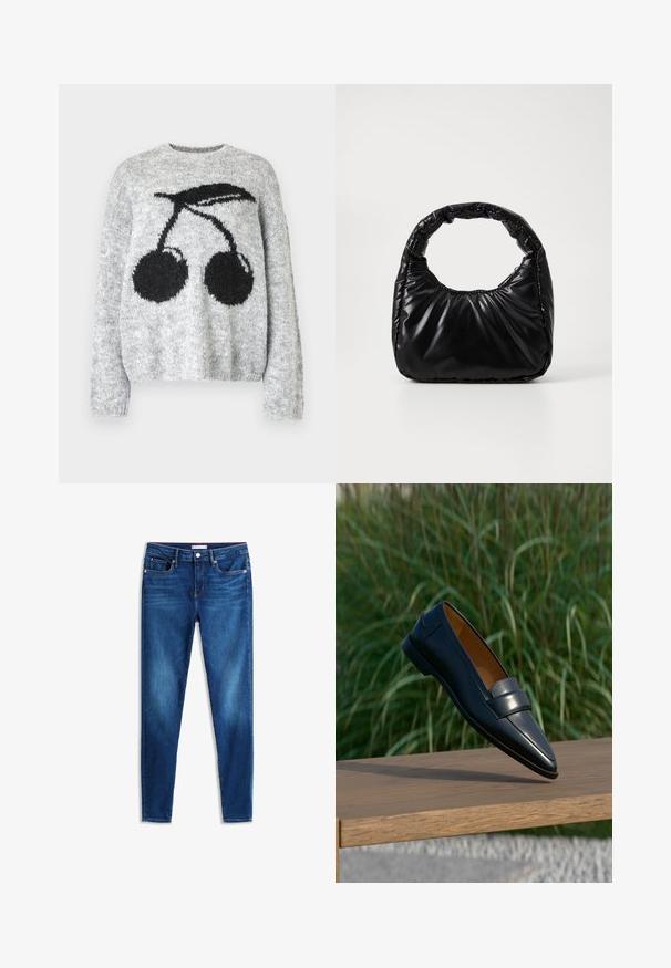 Noisy May NMSUTTON CHERRY - Pullover - light grey melange; Jean slim-fit en denim bleu avec bouton à l'avant, cinq poches et un léger effet délavé sur les cuisses et les genoux, présenté à plat sur fond blanc.; Mocassin en cuir noir pour homme avec détail de bride, en équilibre sur le bord d’un banc en bois sur un fond flou d’herbe verte.; Sac à main noir rembourré avec une poignée arrondie, présentant une surface lisse et brillante ainsi qu'une texture douce et matelassée. Pas de quincaillerie ou d'accents visibles.