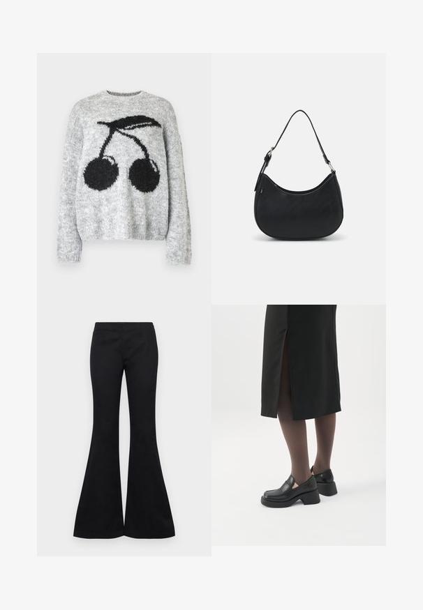 Noisy May NMSUTTON CHERRY - Jersey de punto - light grey melange; Pantalones de campana negros feitos de un tejido suave, con un corte ajustado en la parte superior y piernas anchas, sin adornos ni bolsillos visibles.; Mujer con mocasines negros de tacón grueso, medias negras transparentes y una falda negra con una abertura trasera sobre un fondo blanco.; Bolso hobo negro hecho de cuero suave con una silueta curva, que cuenta con una sola correa ajustable y detalles de diseño minimalistas.