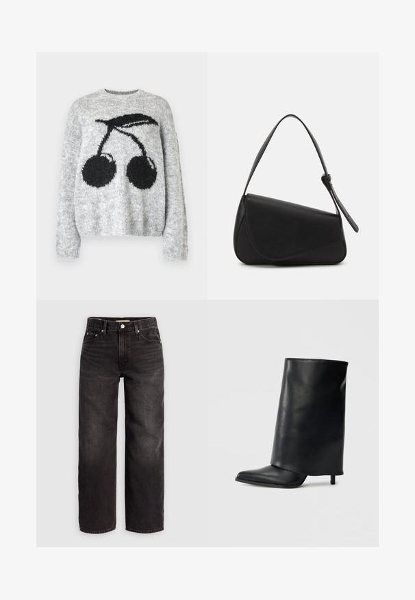 Noisy May NMSUTTON CHERRY - Svetrík - light grey melange; Levi's® BAGGY DAD - Džínsy baggy - shrink up; Čierna členková čižma z kože so štruktúrovaným prekladaným dizajnom, špicatou špičkou a tenkým podpätkom. Hladká textúra s minimálnymi detailmi.; Čierna kožená kabelka s trojuholníkovým tvarom, šikmým klopou a zaoblenou rukoväťou. Má hladkú textúru a minimalistické dizajnové detaily.