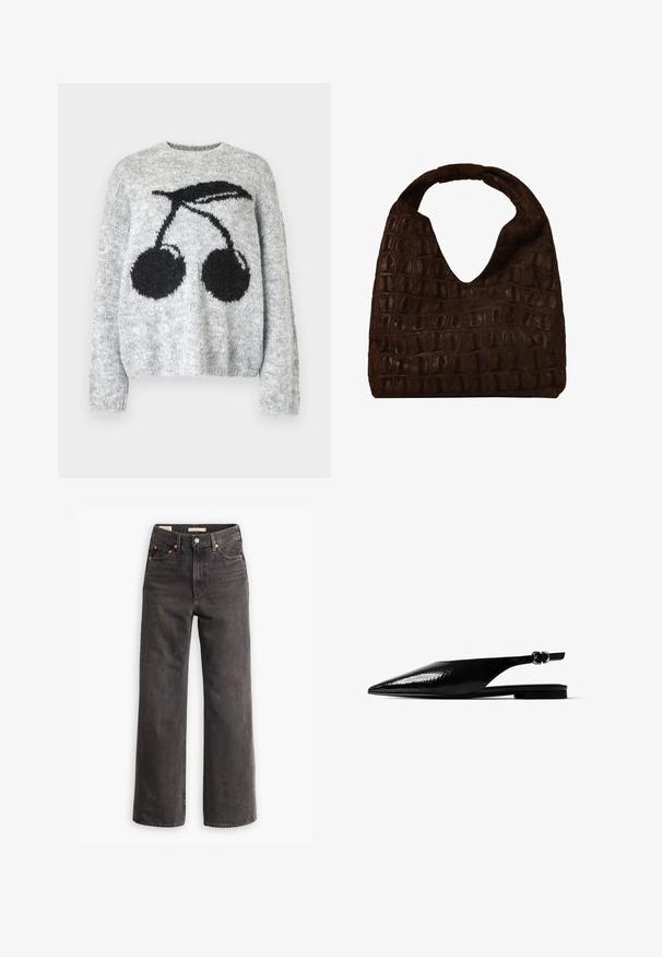 Noisy May NMSUTTON CHERRY - Jersey de punto - light grey melange; Jeans de tiro alto y pierna ancha en denim gris oscuro, con bolsillos frontales, remaches de cobre en contraste y un acabado limpio sin adornos.; Zapato plano slingback negro con punta afilada, superficie texturizada y hebilla pequeña en la correa del tobillo sobre fondo blanco.; Bolso hobo de cuero marrón oscuro con patrón de cocodrilo en relieve y asa ancha y redondeada, diseño simple y suave con caída flexible.