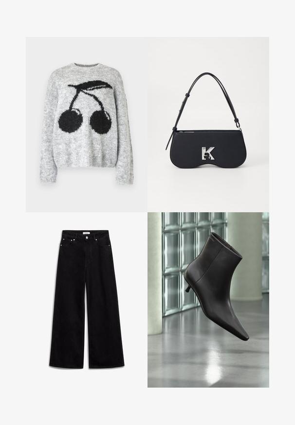 Noisy May NMSUTTON CHERRY - Jersey de punto - light grey melange; Jeans de tiro alto y pierna ancha en color negro, fabricados en denim, con cinco bolsillos y detalles metálicos en plata. Textura suave, diseño limpio.; Bota de cuero negro para el tobillo con puntera puntiaguda y tacón pequeño, exhibida frente a una pared de bloques de vidrio y un suelo pulido.; Bolso negro con forma curva, material texturizado, logotipo plateado y una correa delgada. Cierre superior con cremallera y características de diseño minimalista.