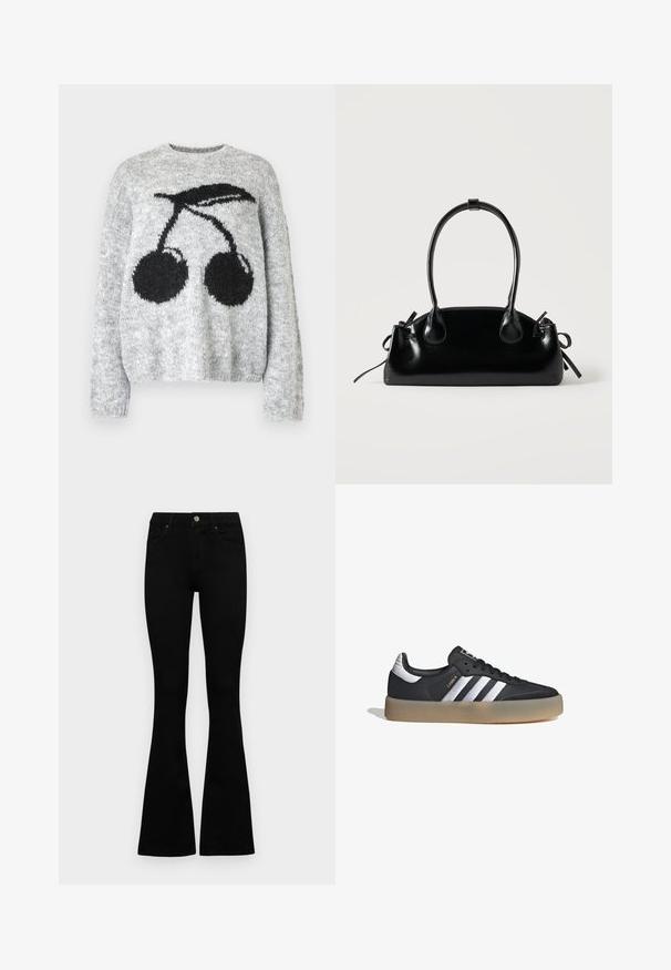 Noisy May NMSUTTON CHERRY - Jersey de punto - light grey melange; Jeans negros de cintura alta con cierre de botón y cremallera, bolsillos frontales y piernas acampanadas, dispuestos sobre un fondo blanco.; Zapatilla deportiva de cuero negro con tres rayas plateadas, punta texturizada y suela de goma. Cuenta con un collar acolchado y un diseño con cordones.; Pequeño bolso negro brillante con dos asas largas y detalles de cordón lateral sobre un fondo claro liso.