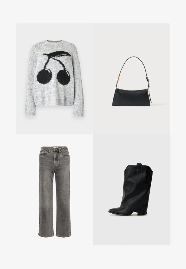 Noisy May NMSUTTON CHERRY - Pullover - light grey melange; Jeans gris foncé à jambes droites avec une taille haute, dotés de poches avant, d'une braguette zippée et d'une texture subtilement délavée sur l'ensemble.; Bottine en cuir noir avec un bout pointu, une silhouette drapée et un petit talon bloc. Dotée d'une petite boucle à l'arrière pour un enfilage facile.; Sac à main en cuir noir avec une fermeture éclair dorée et une bandoulière ajustable présentant des détails rectangulaires dorés sur fond blanc.