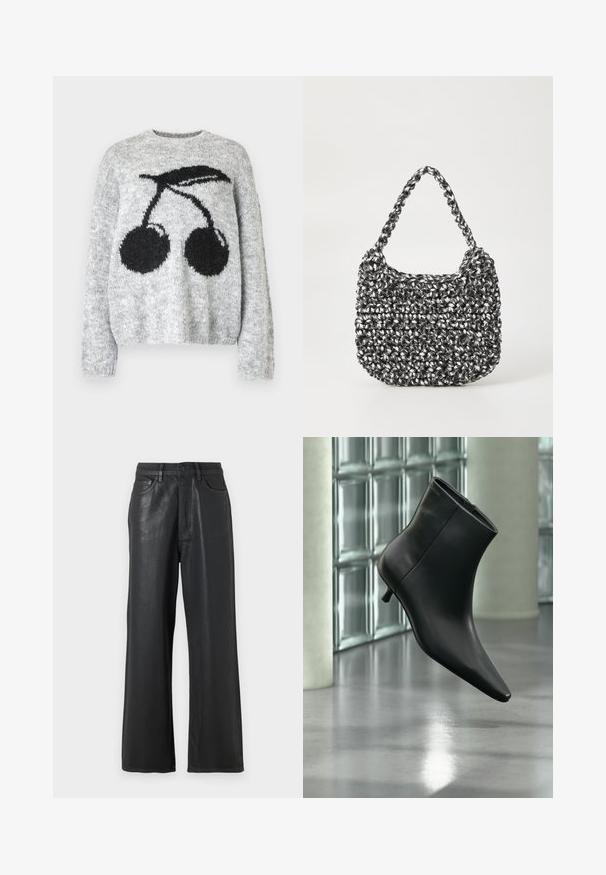 Noisy May NMSUTTON CHERRY - Trui - light grey melange; Zwarte wijde broek gemaakt van een glanzend materiaal. Bevat een knoopsluiting, riemlussen en voorzakken met een gladde structuur.; Zwarte leren enkellaars met spits toelopende neus en lage kittenhak, schuin weergegeven tegen een gepolijste vloer en een glazen blokken muur als achtergrond.; Geweven handtas in zwart en wit met een ronde vorm, gestructureerd oppervlak en een gevlochten handvat. Geschikt voor dagelijks gebruik.