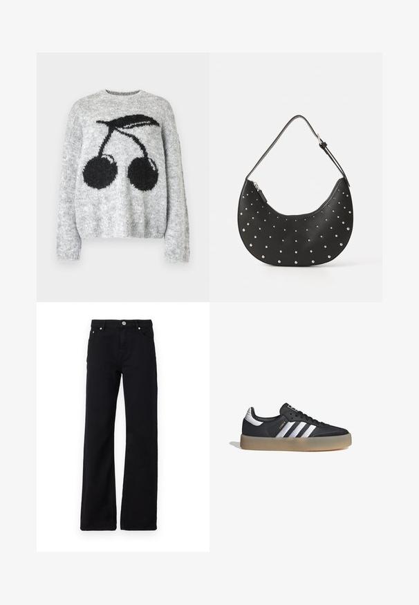 Noisy May NMSUTTON CHERRY - Jersey de punto - light grey melange; Vaqueros de denim negro con corte recto, que presentan un cierre de cremallera, cinco bolsillos y costuras visibles. Sin patrones ni gráficos.; Zapatilla deportiva de cuero negro con tres rayas plateadas, punta texturizada y suela de goma. Cuenta con un collar acolchado y un diseño con cordones.; Bolso de mano de cuero negro con forma curva, adornado con tachuelas plateadas, cuenta con cierre de cremallera y una sola correa ajustable.