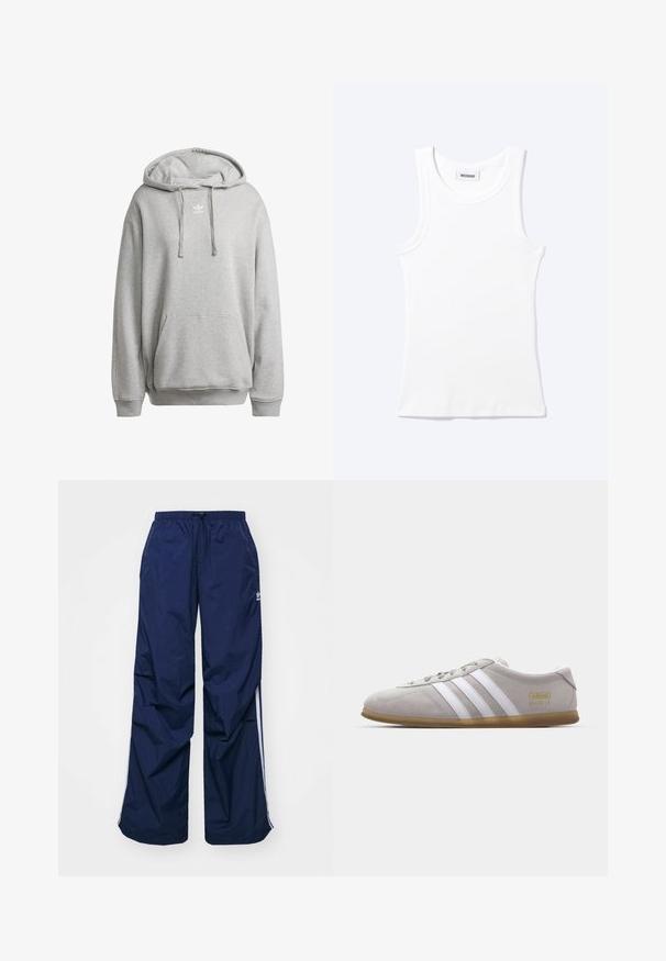 Grå hætte sweatshirt lavet af bomuldsblanding, med en frontlomme, ribbede manchetter og et hvidt logo på brystet.; Hvid ærmeløs ribstrikket top med rund halsudskæring og en lille label med teksten "WEEKDAY" indeni kraven.; Marineblå, letvægtsbukser med elastik i taljen og snøre, med hvide sidelister og et lille logo foran. Løs pasform.; Grå suedestøvle med hvide læderstriber og guldlogo-detalje. Flad gummisål, rund tå og klassisk snølukkedesign.