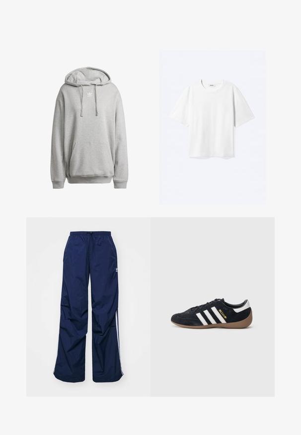 Halliga halli kaelusega sweatshirt, mis on valmistatud puuvilla segust, sisaldab eesmist taskut, soonikuid ja valget logo rinnal.; Valge lühikeste varrukatega T-särk ümmarguse kaelusega ja sirge äärega, kaeluses sees kaubamärgiga "WEEKDAY" silt.; Tumesinised, kergekaalulised püksid elastse vöökoha ja nööriga, millel on valged küljeribad ja väike logo ees. Lahtise lõikega.; Mustast seemisest vabaajajalats, millel on kolm valget triipu, kummisest tallast ja küljele kinnitatud väike kuldne logo. Siseküljel on sile must vooder.