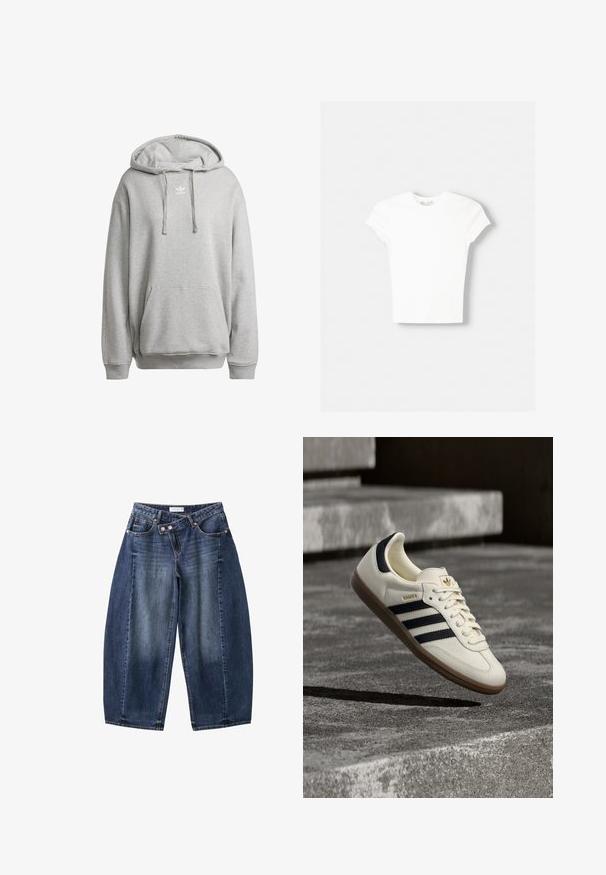 Grå hætte sweatshirt lavet af bomuldsblanding, med en frontlomme, ribbede manchetter og et hvidt logo på brystet.; Hvid kortærmet t-shirt lavet af blød bomuld, med rund halsudskæring og en tætsiddende form. Ingen synlige mønstre eller udsmykninger.; Blå vidde jeans med hög talje og asymmetrisk dobbeltknaplukning, vist på hvid baggrund.; Hvid Adidas Samba sneaker med sorte striber og gummsål, svævende over teksturerede grå betonstrin.