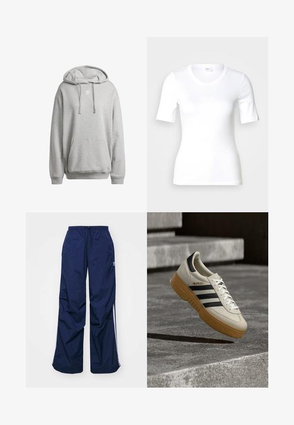Sudadera con capucha gris hecha de una mezcla de algodón, con un bolsillo frontal, puños de canalé y un logo blanco en el pecho.; Camiseta blanca de manga corta hecha de algodón liso, con escote redondo y forma ajustada. Diseño clásico, sin estampados ni adornos.; Pantalones de color azul marino, ligeros, con cintura elástica y cordón ajustable, con franjas blancas laterales y un pequeño logo en la parte delantera. Diseño de corte holgado.; Zapatilla deportiva de ante beige con rayas negras, cordones blancos y suela de goma color caramelo. Presenta la marca "SPEZIAL" en el lateral.