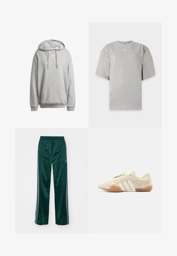 Šedá mikina s kapucňou vyrobená z bavlneného zloženia, s prednou vreckom, rebrovanými manžetami a bielym logom na hrudi.; Svetlosivé tričko Adidas s krátkym rukávom, okrúhlym výstrihom a malým bielym logom Adidas na hrudi, zobrazené na jednoduchom pozadí.; Tmavozelené športové nohavice vyrobené z lesklého materiálu, s bočnými pruhmi v svetlošedej farbe a vyšitým logom na ľavom stehne.; Nízky béžový teniska s tromi bielymi pruhmi, textúrovanými semišovými bočnými panelmi, gumovou podrážkou a šnurovaním na jednofarebnom pozadí.