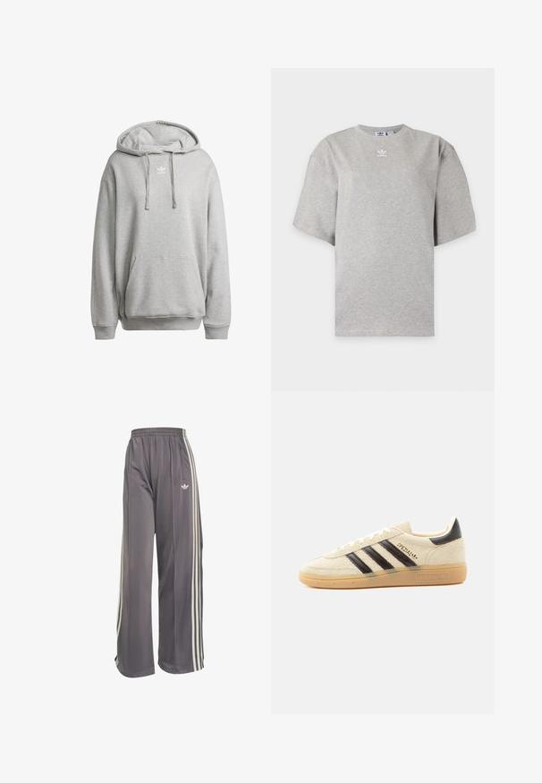 Šedá mikina s kapucňou vyrobená z bavlneného zloženia, s prednou vreckom, rebrovanými manžetami a bielym logom na hrudi.; Svetlosivé tričko Adidas s krátkym rukávom, okrúhlym výstrihom a malým bielym logom Adidas na hrudi, zobrazené na jednoduchom pozadí.; Sivé široké teplákové nohavice s elastickým pásom, bielymi bočnými pruhmi, vreckom na zips a logom Adidas na pravej stehne.; Kréme semišová teniska s čiernymi pruhmi, gumovou podrážkou, čiernou pätovou pätkou a zlatým textom „SPEZIAL“ na strane.