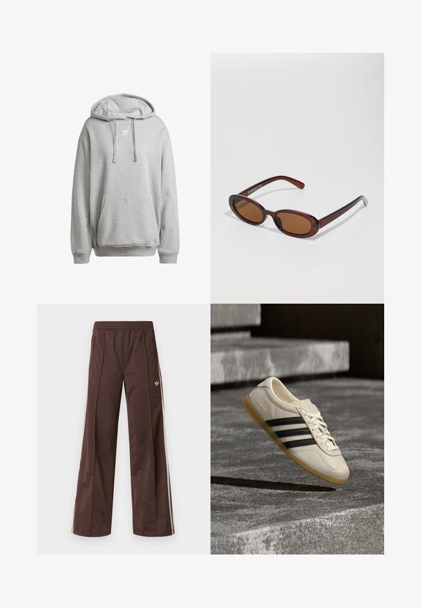 Grauer Kapuzenpullover aus Baumwollmischung, mit einer Fronttasche, gerippten Bündchen und einem weißen Logo auf der Brust.; Braune Sporthose mit weitem Bein, weißen Seitenstreifen, elastischem Bund und zwei Seitentaschen. Mit kleinem Logo am Bein.; Weißer Sneaker mit schwarzen Streifen und Gummisohle schwebt über Betontreppen im sanften Tageslicht.; Runde, braun getönte Sonnenbrillen mit einem glänzenden burgunderfarbenen Rahmen. Schlanke Bügel mit dezentem Branding. Flaches Linsendesign.