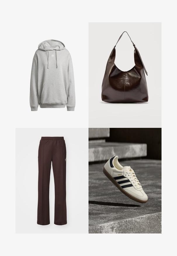 Grauer Kapuzenpullover aus Baumwollmischung, mit einer Fronttasche, gerippten Bündchen und einem weißen Logo auf der Brust.; Braune Sporthose mit einem elastischen Bund, zwei Seitentaschen und einem kleinen Logo auf der linken Seite, gefertigt aus weichem Stoff.; Weißer Adidas Samba Sneaker mit schwarzen Streifen und Gummisohle, schwebend über strukturierten grauen Betontreppen.; Dunkelbraune glänzende Lederschultertasche mit einem breiten einzelnen Riemen und Schnallendetail auf einer Seite, vor einem schlichten hellen Hintergrund.