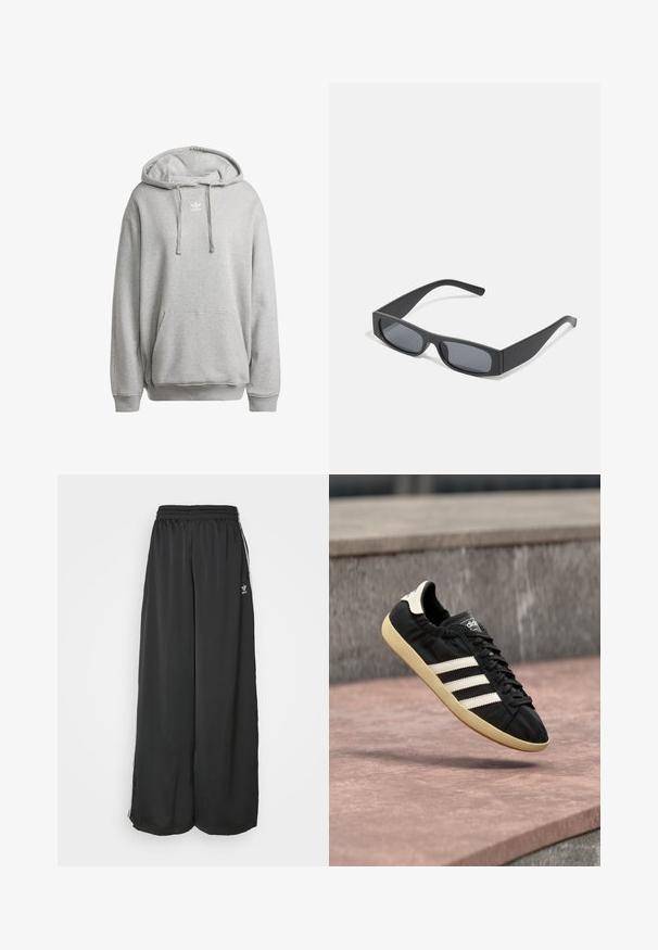 Grå hætte sweatshirt lavet af bomuldsblanding, med en frontlomme, ribbede manchetter og et hvidt logo på brystet.; Sorte løstsiddende træningsbukser lavet af glat stof. Har en elastisk talje og sidelogsstriber med logoaccents.; Sort Adidas sneaker med hvide striber og beige sål, fanget i luften over en stenet overflade og baggrund af en stenmur.; Sorte rektangulære solbriller med mørke linser og tykke matte stel. Armen er let tilspidset med en glat overflade.
