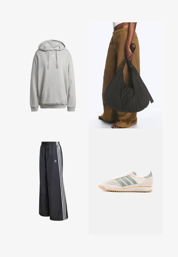 Sudadera con capucha gris hecha de una mezcla de algodón, con un bolsillo frontal, puños de canalé y un logo blanco en el pecho.; Pantalones deportivos negros hechos de material ligero, con tres rayas verticales blancas y una cintura elástica con cordón.; Zapatilla adidas beige claro y verde con parte superior de malla, tres franjas verdes, detalles en ante y suela de goma sobre un fondo blanco.; Persona con pantalones marrones de pata ancha y top blanco sosteniendo un gran bolso negro blando por la correa a su lado.