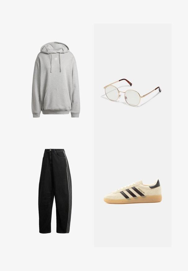 Halliga halli kaelusega sweatshirt, mis on valmistatud puuvilla segust, sisaldab eesmist taskut, soonikuid ja valget logo rinnal.; Mustad laia säärega teksapüksid kõrge vöökohaga, nööp- ja luku sulgemine, esimesed taskud ning kaks halli triipu, mis kulgevad välimisel külgõmblustel.; Kreemjas seemisnahast toss mustade triipude, kummist tallaga, musta kannatabiga ja kuldse sõnaga „SPEZIAL“ küljel.; Kuldne metallist ovaalse raami prillid selgete läätsedega. Kilpkonnakilbi aktsendid prillide templitel. Reguleeritavad nina padjad mugavuse tagamiseks.
